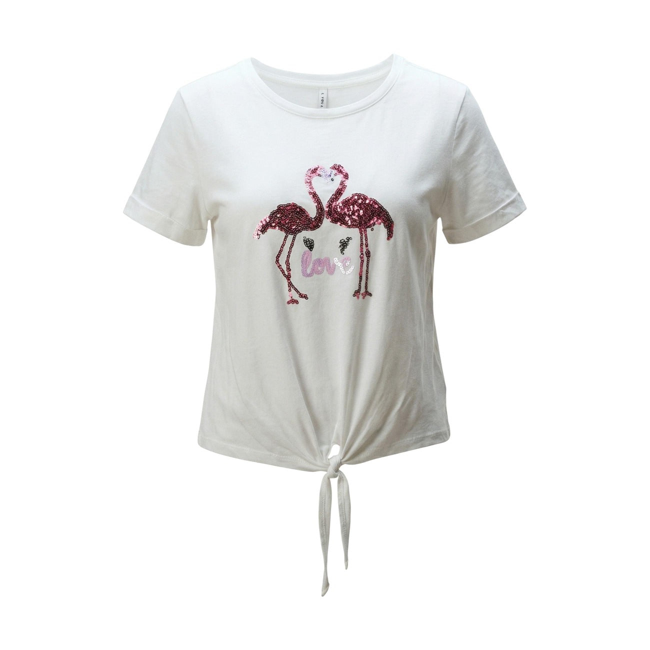 T-shirt Only Bianco con Nodo; 100% Cotone. Dettaglio Knot frontale, maniche fold-up, girocollo. Tessuto fresco e morbido, stile casual ideale per la stagione calda. Vista frontale stesa 