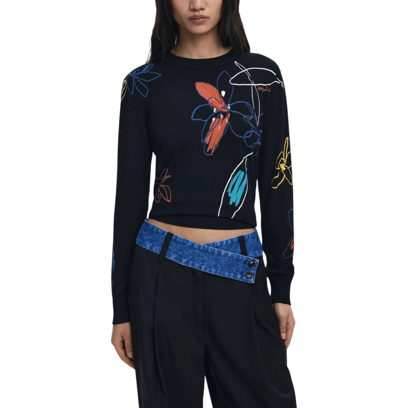 Desigual Maglia Donna Bianca Floreale Maniche Lunghe Scollo Tondo - Maglia Viscosa Poliammide