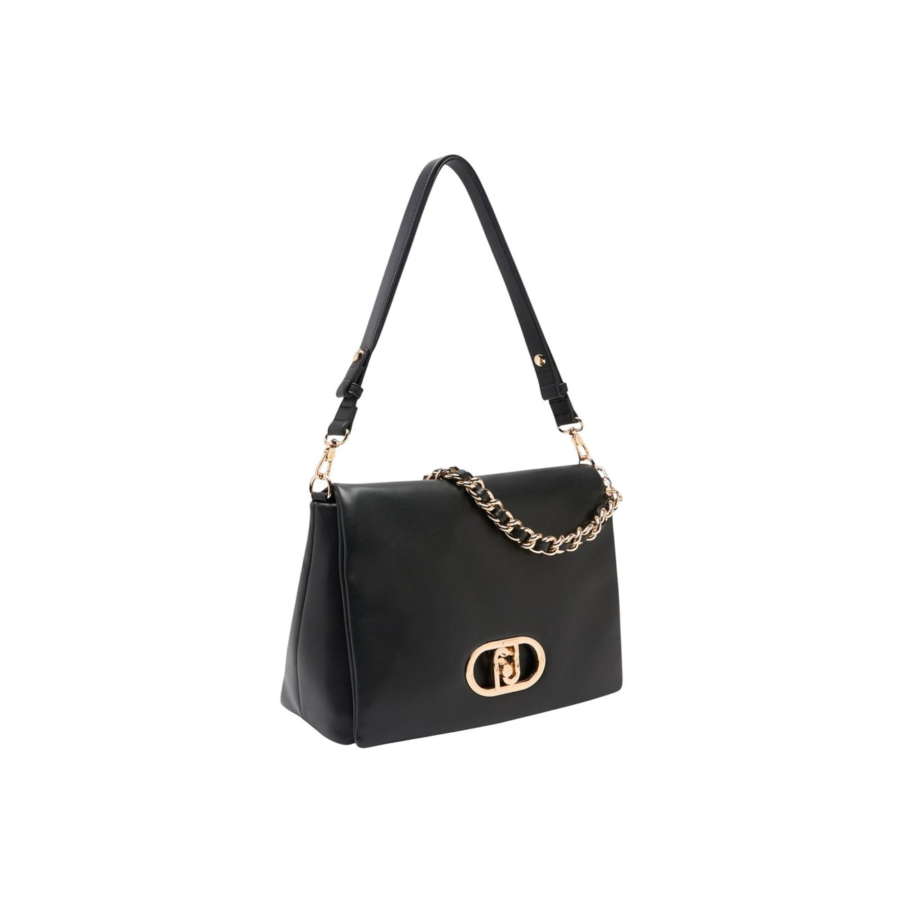 Borsa Liu Jo Nera Grande; 100% Poliuretano ecosostenibile. Effetto nappa, manico con catena, tracolla removibile e chiusura magnetica. Capiente e raffinata, stile Primavera/Estate. Vista laterale 