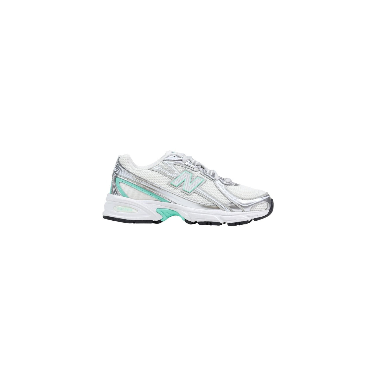 Sneakers donna New Balance G7402H8; tomaia in mesh, tecnologia ABZORB, design sportivo. Perfette per comfort e stile quotidiano. Colori bianco, argento e verde acqua. Vista laterale 