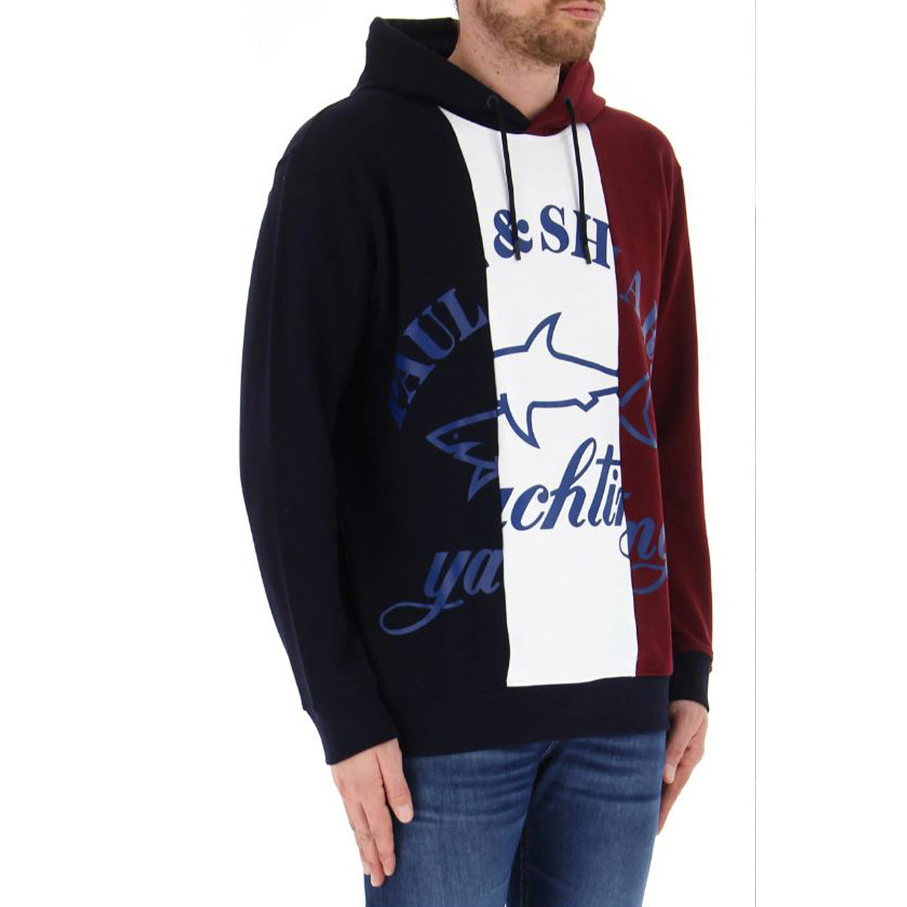 Felpa Paul&Shark Tricolor; Cotone Felpato. Blu Navy/Bianco/Borgogna, maxi logo stampato, cappuccio strutturato. Hoodie uomo premium dal design sportivo e iconico.
