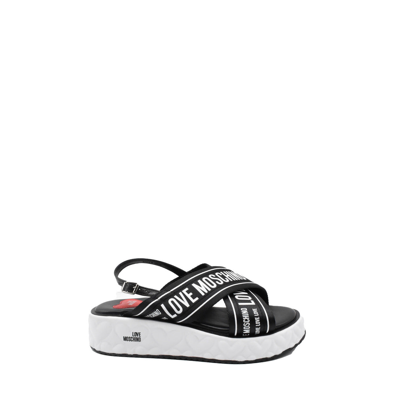 Sandali Love Moschino donna neri in pelle modello B_44919. Sandalo estivo basso in vera pelle nera con suola in gomma confortevole, calzatura flat di marca comoda ed elegante per la stagione calda.
