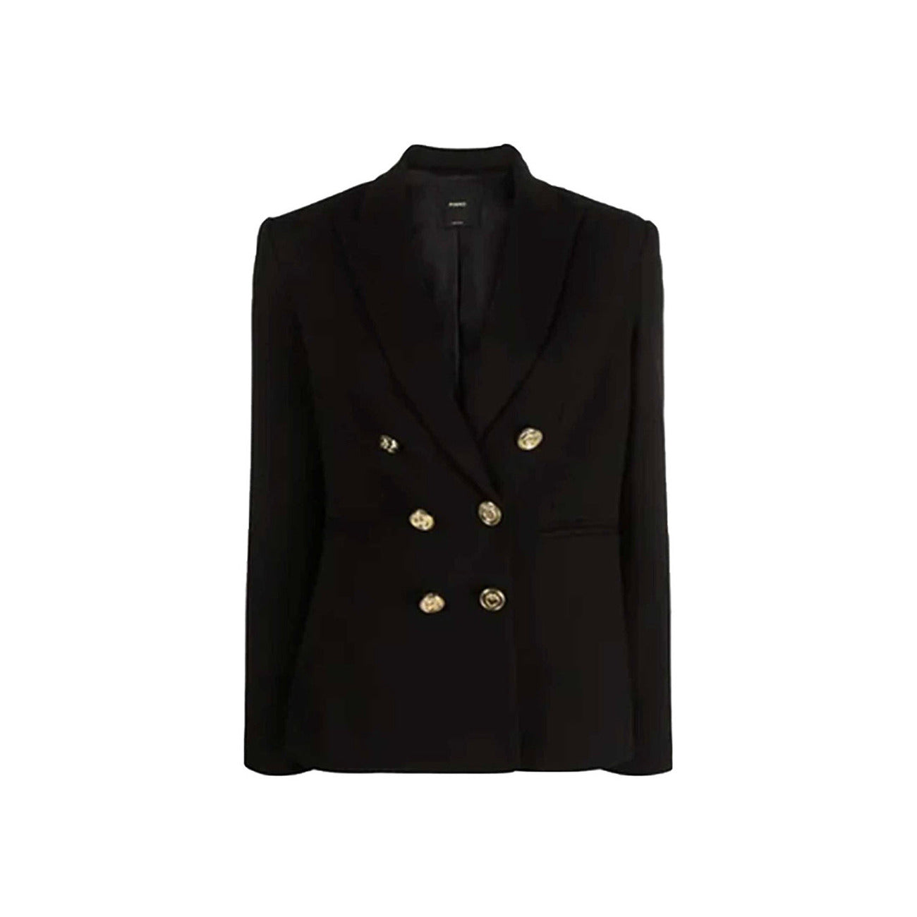 Blazer Pinko Alexia Black; Slim Fit. Spalline imbottite, bottoni decorativi, misto viscosa stretch. Giacca nera elegante, strutturata e confortevole per la stagione PE26.