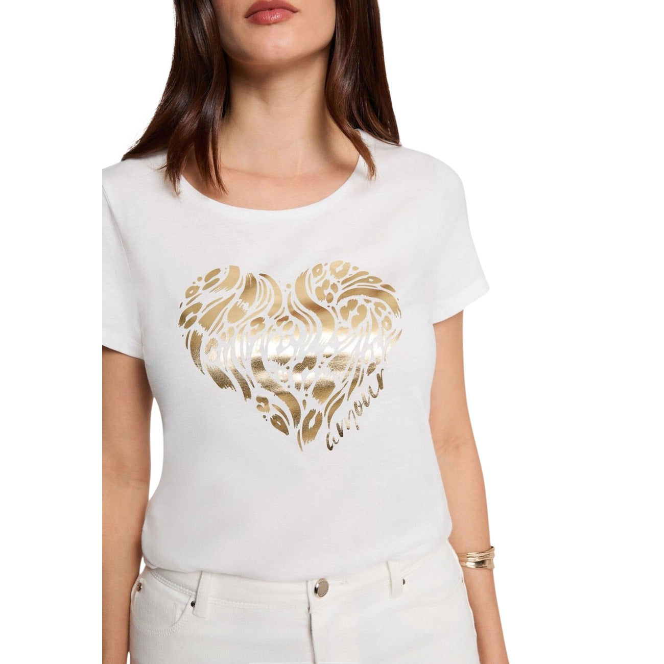 T-shirt Morgan De Toi Bianca Cuore Oro; 50% Cotone, 50% Modal. Stampa frontale lucida, maniche corte, vestibilità regular. Tessuto fluido e traspirante, stile casual-raffinato. Dettaglio stampa 