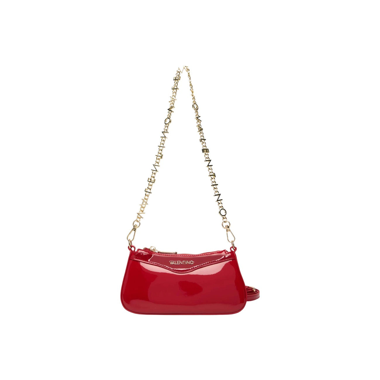Borsa Piccola Rossa Donna Valentino Bags Elly; Misure 20x10x4 cm. Tessuto 100% poliuretano lucido verniciato stile baguette con zip. Tracolla corta a catena in metallo dorato logato, stile elegante 4 stagioni. Vista Frontale 