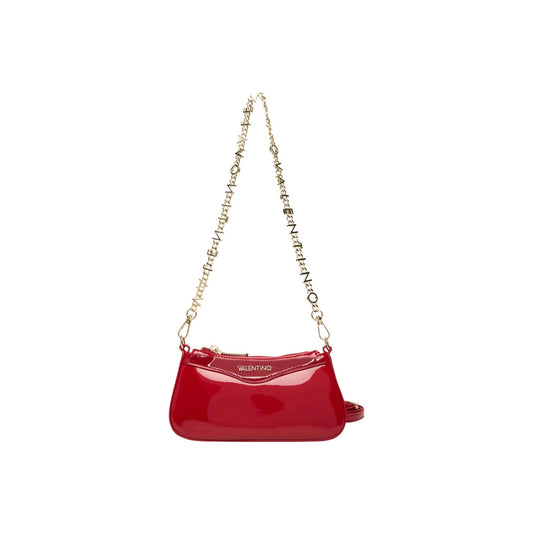 Borsa Piccola Rossa Donna Valentino Bags Elly; Misure 20x10x4 cm. Tessuto 100% poliuretano lucido verniciato stile baguette con zip. Tracolla corta a catena in metallo dorato logato, stile elegante 4 stagioni. Vista Frontale 