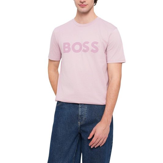 T-shirt Boss uomo rosa con stampa manica corta scollo tondo 100% cotone - vista frontale indossata da modello
