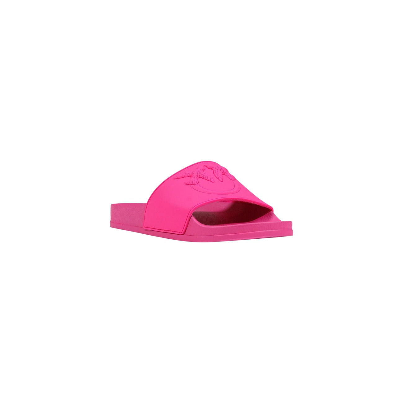Slide Pinko DILLY 01; 100% PVC. Logo Love Birds in rilievo, fascia ampia, suola sagomata. Ciabatte donna resistenti e facili da pulire per la PE26. Colore fucsia vista frontale 