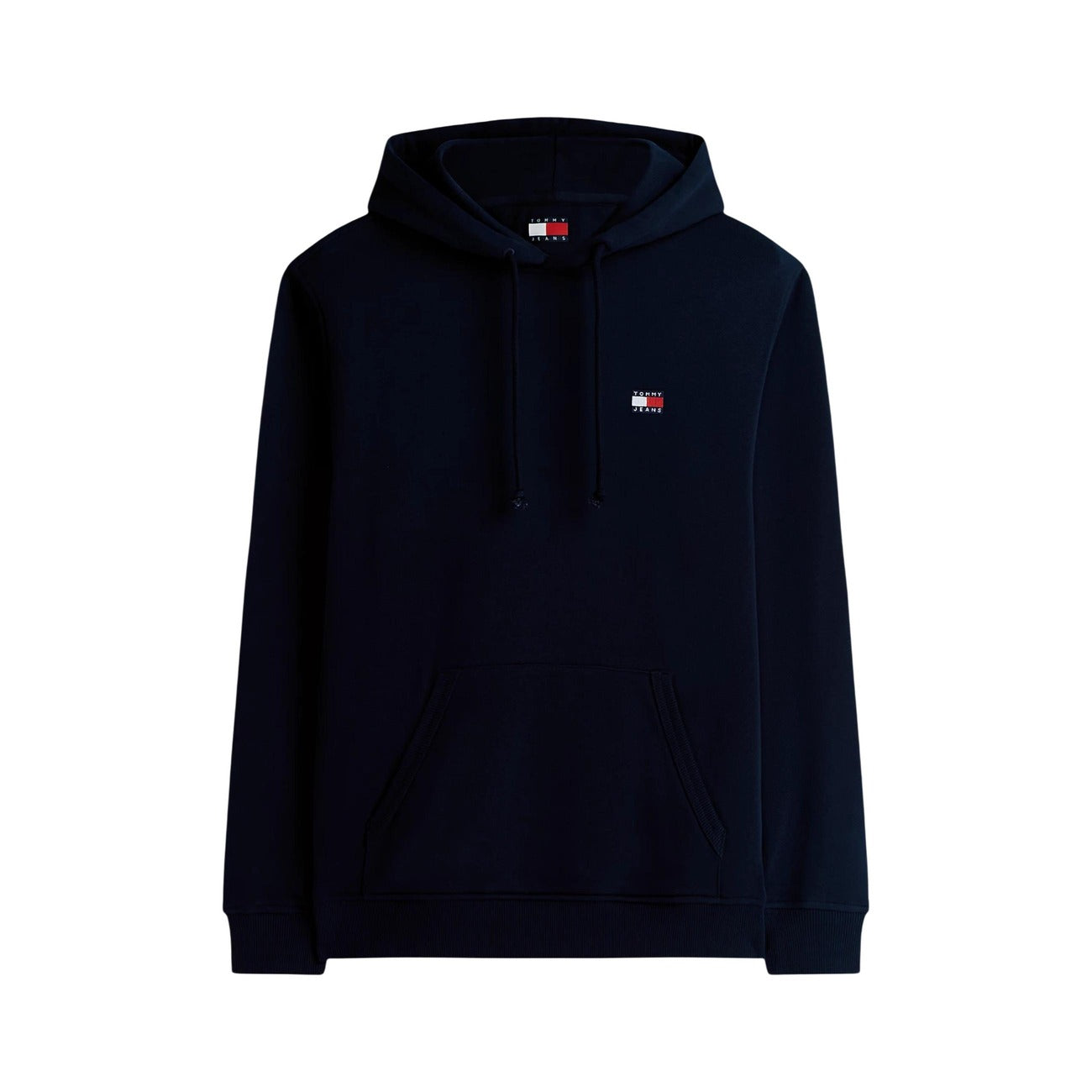Felpa Blu Tommy Jeans con Cappuccio; 100% Cotone Rigenerato. Tessuto pesante felpato, logo ricamato, vestibilità regular. Calda, sostenibile e ideale per il tempo libero. Frontale stesa 