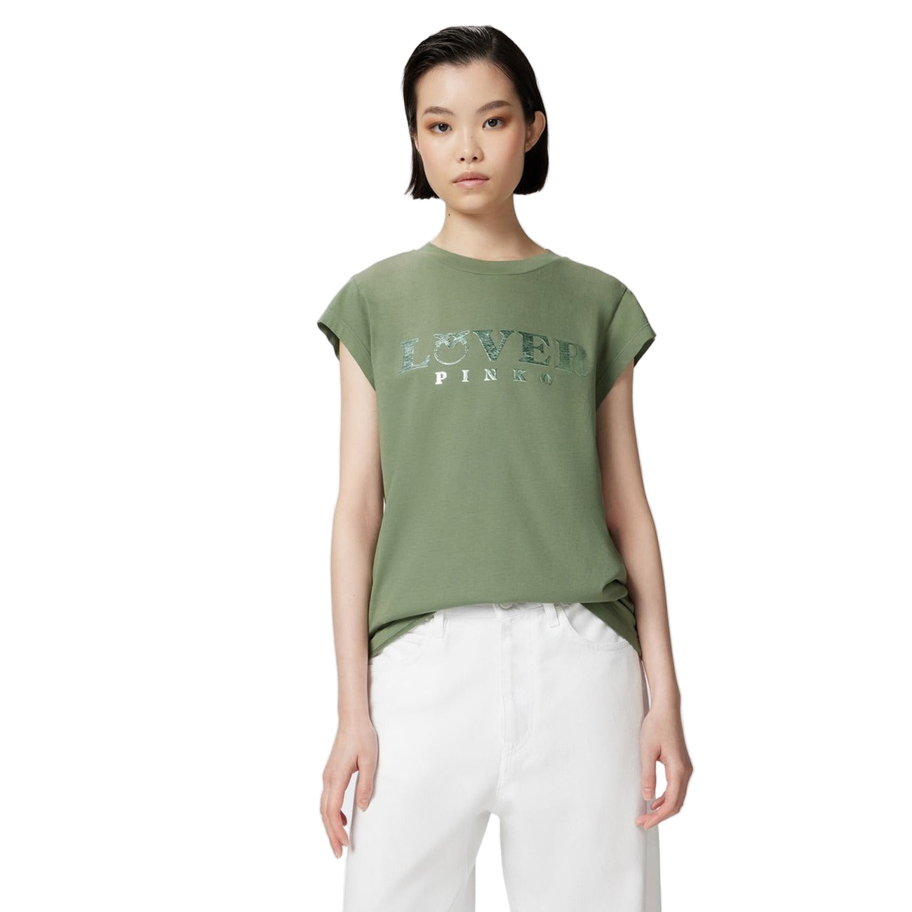 Pinko T-Shirt Donna Verde con Stampa Maniche Corte - T-Shirt Cotone Scollo Tondo