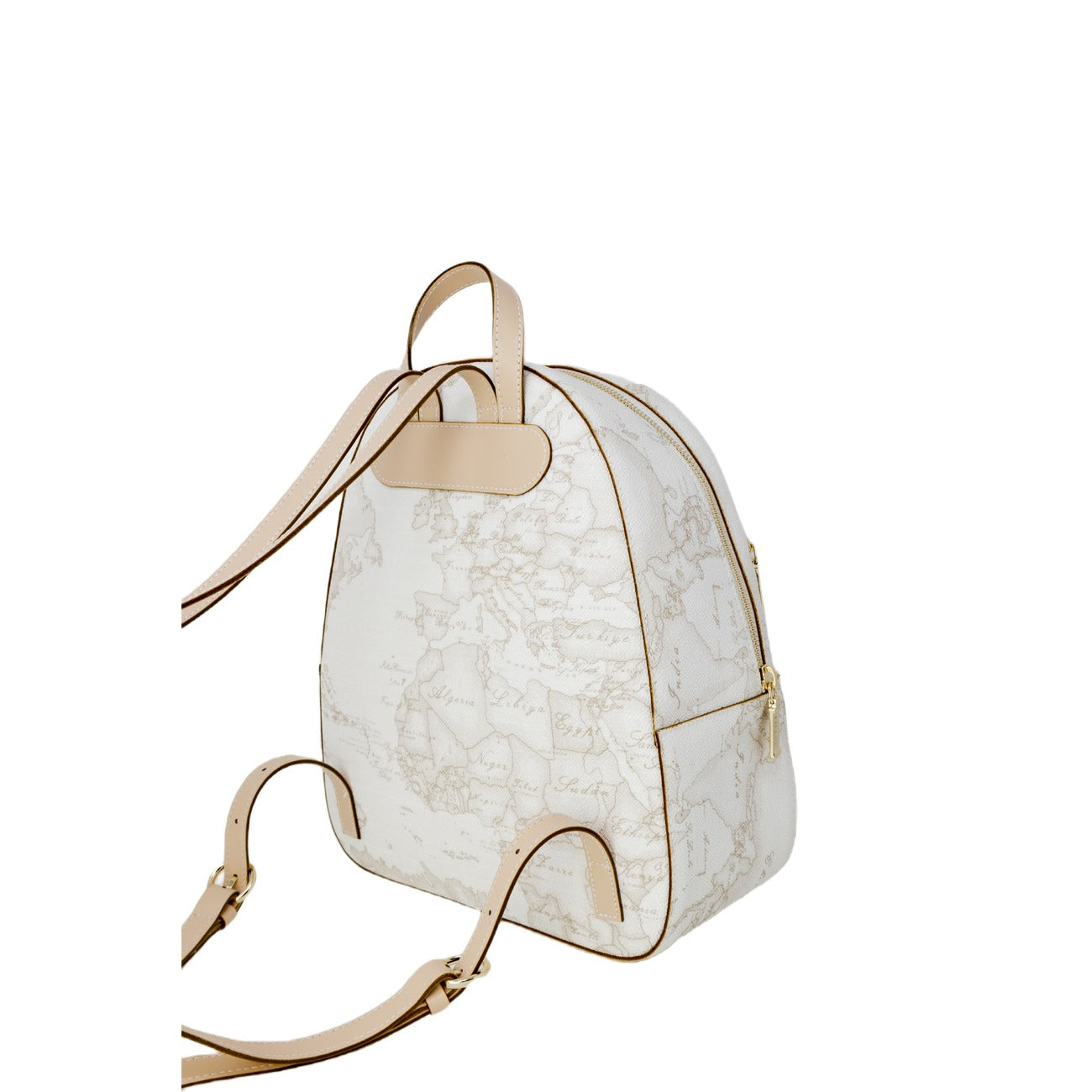 Zaino Medio Donna Alviero Martini Prima Classe; Bianco Geo White. Tessuto tecnico e 30% pregiata pelle stampata con dettagli metallici lucidi. Chiusura con zip, tasca frontale e spallacci regolabili. Misure slanciate e capienti (25x29 cm). Posteriore 