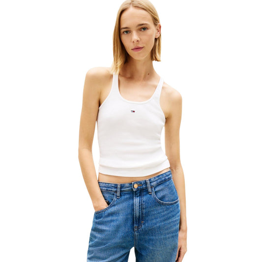 Canotta Tommy Hilfiger Jeans; Bianco, 96% Cotone Rigenerato. Tessuto a coste stretch, vestibilità aderente, logo ricamato. Capo leggero, sostenibile e traspirante. Stile Primavera/Estate. vista frontale 