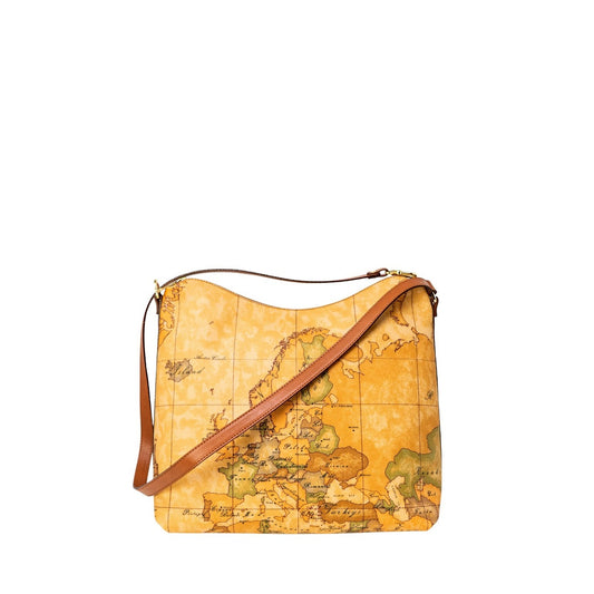 Borsa Hobo Grande Donna Alviero Martini Prima Classe; Beige Geo Classic. 100% Pregiata pelle stampata, chiusura con zip e tracolla regolabile in pelle. Struttura a sacca morbida e capiente (32,5x29,5 cm), stile Heritage. Vista frontale 
