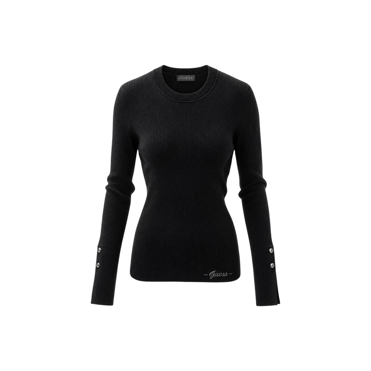 Maglia Girocollo Nera Donna Guess Ellie Sweater; Tessuto 71% viscosa e 29% poliammide a maniche lunghe con scollo tondo. Bottoni decorativi ai polsini, stile casual-chic da mezza stagione. Vista frontale stesa 