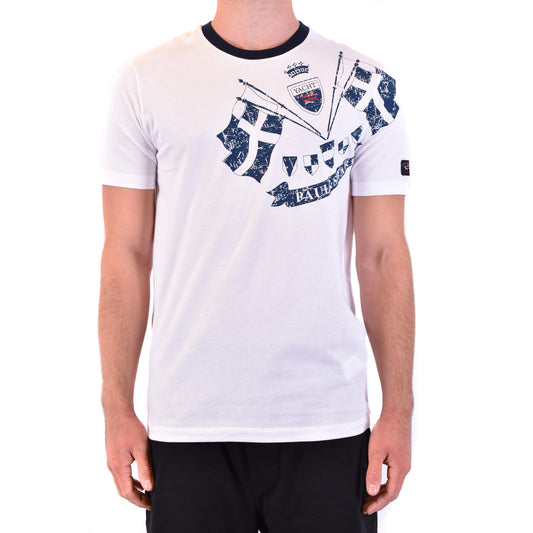 T-shirt Paul&shark uomo bianca con stampa manica corta scollo tondo 100% cotone - vista frontale indossata da modello figura intera
