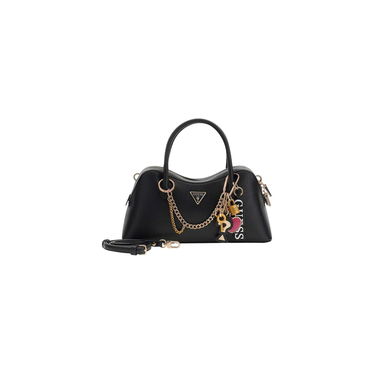Borsa Guess Davina Satchel nero; 100% Poliuretano. Dettagli dorati, charm logati, tracolla removibile. Borsa a mano donna elegante e strutturata. Vista frontale 