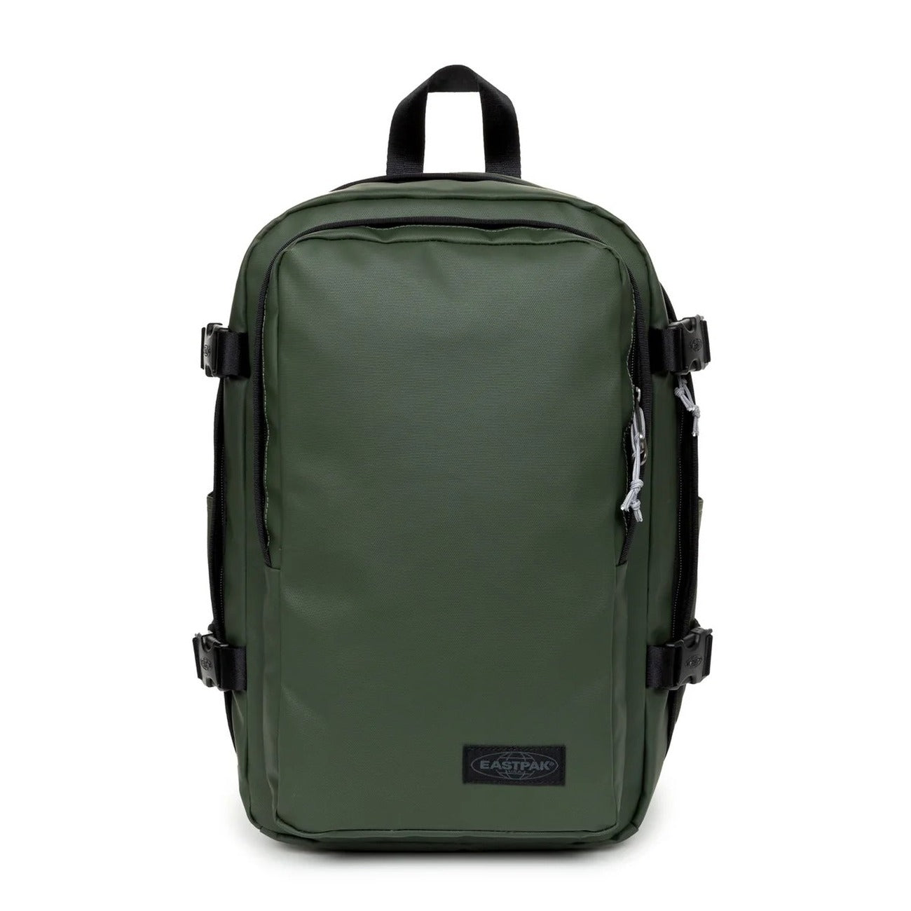 Zaino Medio Verde Eastpak Bagaglio a Mano; 40x25x20 cm. Poliestere idrorepellente, tasca laptop 15" e portaborraccia. Organizer, fascia trolley e dettagli catarifrangenti, vista frontale 