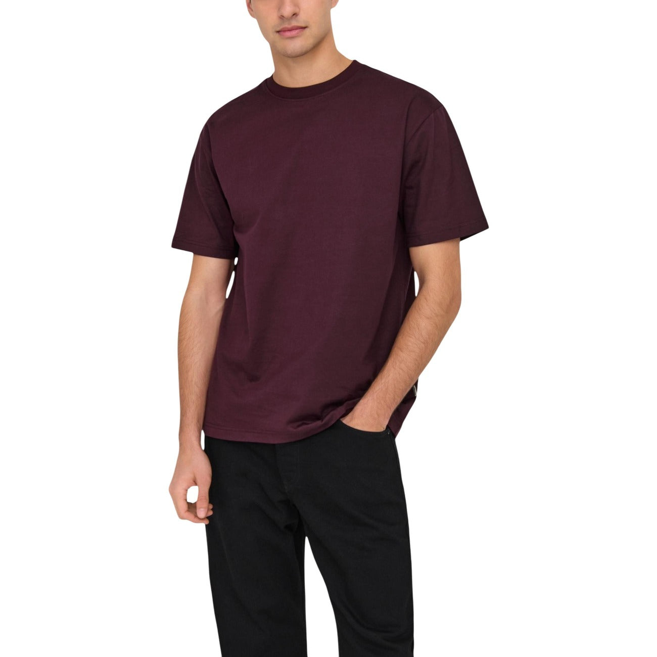 Only & Sons T-Shirt Uomo Bordeaux Maniche Corte Scollo Tondo Cotone Organico 100% Autunno Inverno 22022532