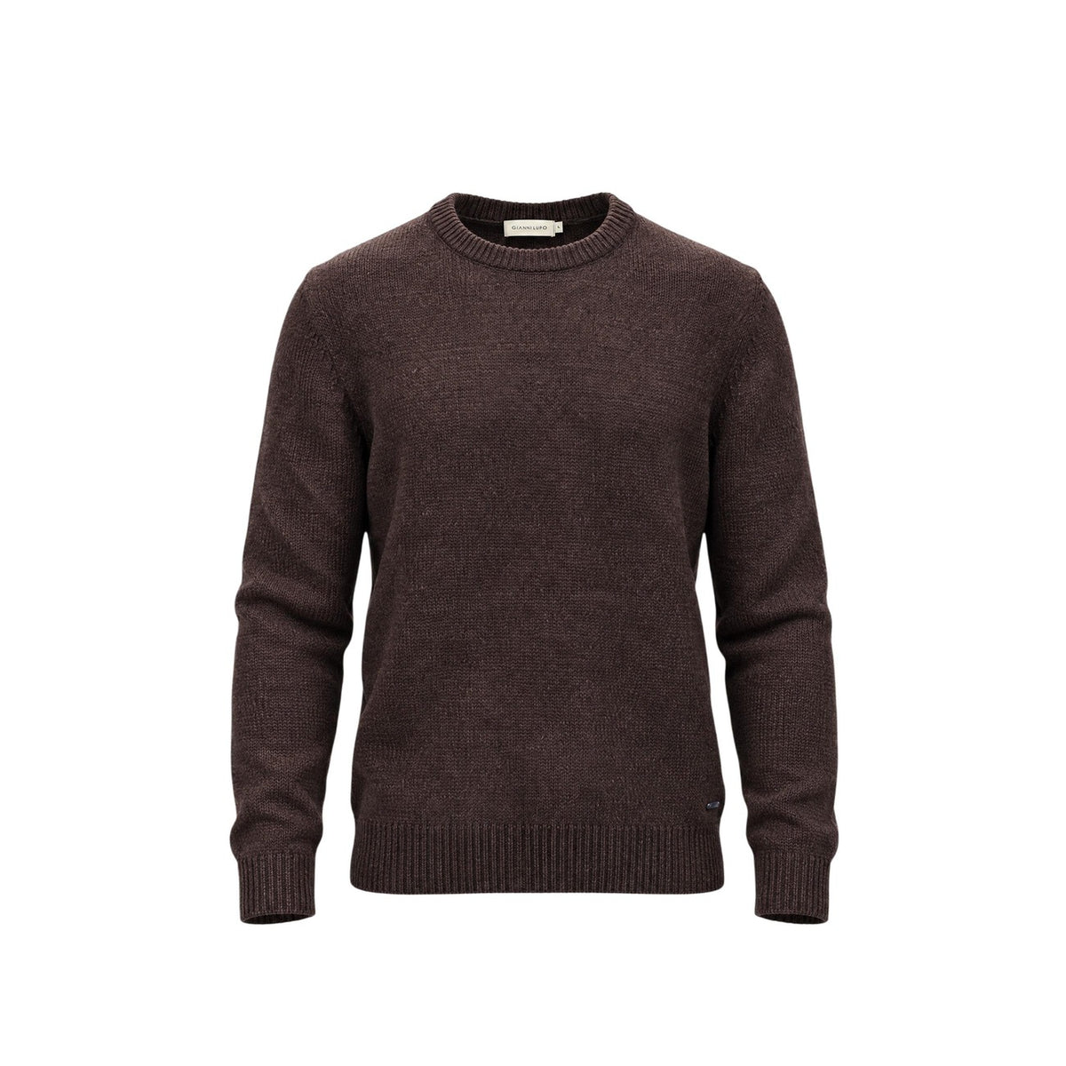 Maglione marrone melange uomo Gianni Lupo GL535S-F26. Pullover girocollo mezza stagione in maglia morbida con finiture a coste e logo metallico.