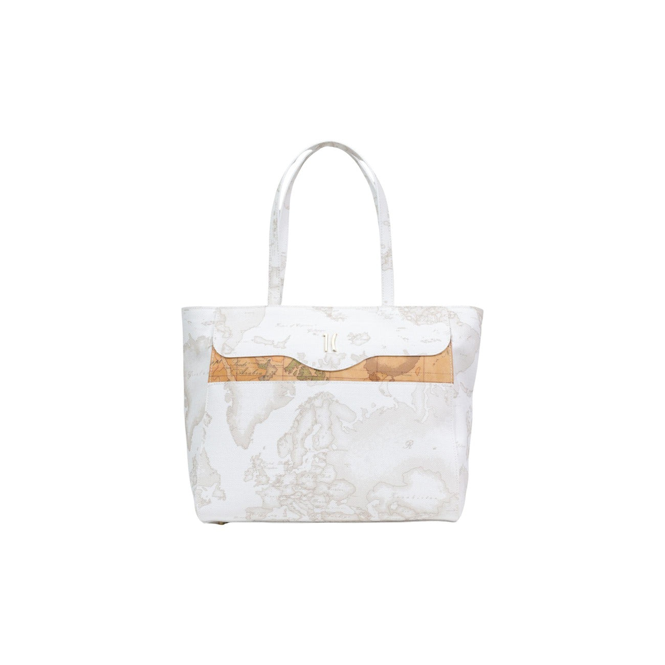 Borsa Large Alviero Martini Prima Classe; 58% PVC, 34% Cotone. Doppia maniglia, chiusura con patta, stampa mappa iconica. Borsa donna capiente, resistente e di prestigio. Vista frontale 