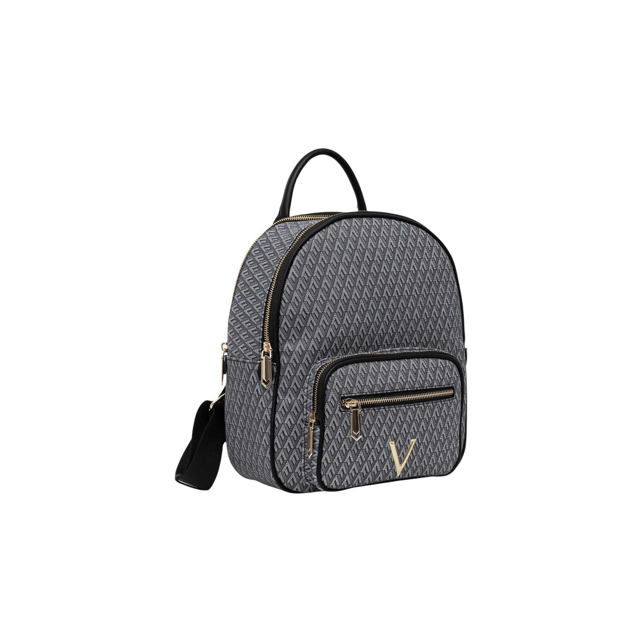 Zaino Valentino Bags Queen RE, motivo a "V" monogram, tasca frontale esterna e dettagli dorati; scomparto principale spazioso con chiusura a zip e manico superiore. Vista frontale laterale 