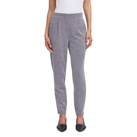 Pantaloni Skinny ICHI Ihkate; Motivo Spinato Blu. Vita alta elastica, tessuto jacquard elasticizzato. Vestibilità aderente e confortevole. Capo versatile per outfit casual-chic e formali. Vista frontale 
