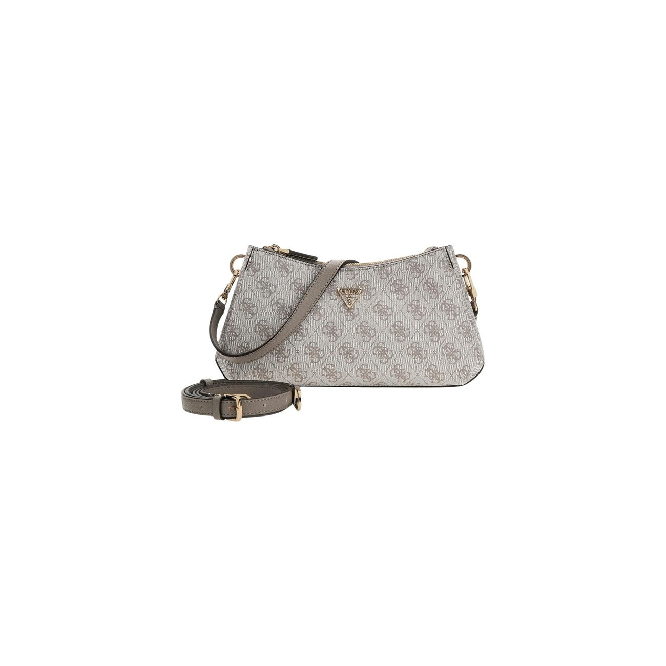 Guess Noelle II Shoulder Bag; borsa bianca logata con triplo scomparto e doppia portabilità. Dettagli hardware gold, stile iconico e massima praticità quotidiana. Vista frontale 