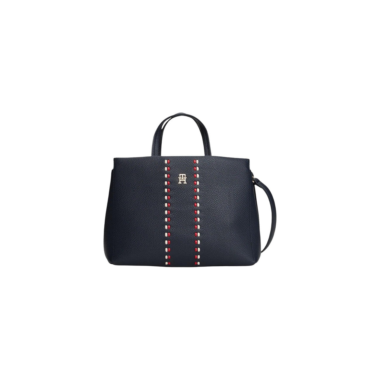 Borsa Satchel Tommy Hilfiger Blu; Dettaglio righe verticali. 100% Poliuretano, chiusura con zip, tracolla regolabile e removibile. Dimensioni 29x23x16 cm. Design iconico "Timeless" per un outfit casual-elegante. Vista frontale 