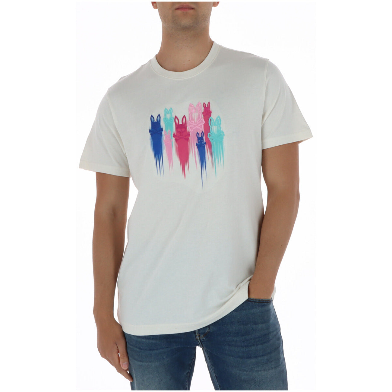 T-shirt Psycho Bunny Cosmo Graphic; Bianca, 100% Cotone Peruviano. Logo coniglietto ricamato e stampato, scollo tondo a coste, maniche corte. Comfort superiore e stile grafico unico. Vista frontale 