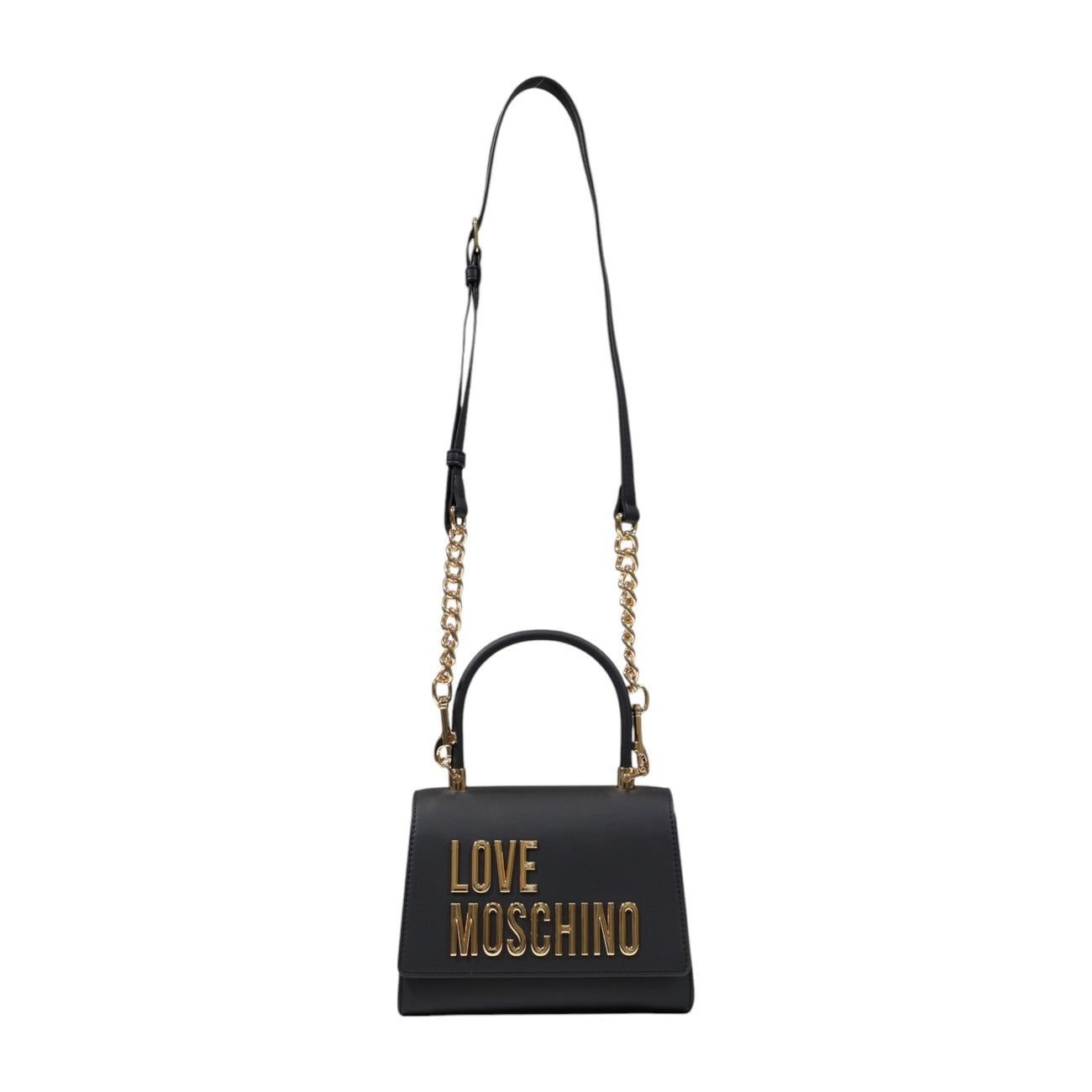 Borsa Love Moschino donna nera a mano modello JC4024PP1. Borsetta piccola ed elegante in ecopelle nera con manico rigido e logo lettering dorato stile casual chic, glam e cerimonie.