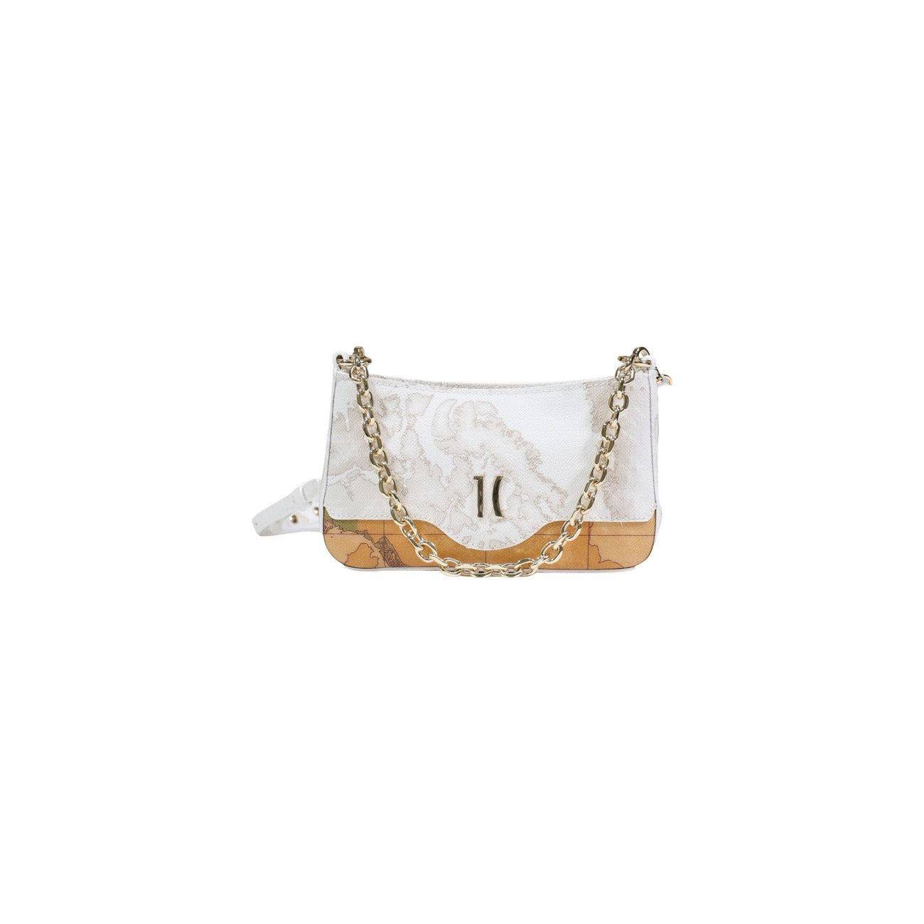 Pochette Alviero Martini 1ᴬ Classe; Mix Geo White/Classic. Metalleria oro chiaro, manico a catena e tracolla rimovibile. Interno organizzato con portatessere. Ideale per look da cerimonia e serate eleganti. Vista frontale 