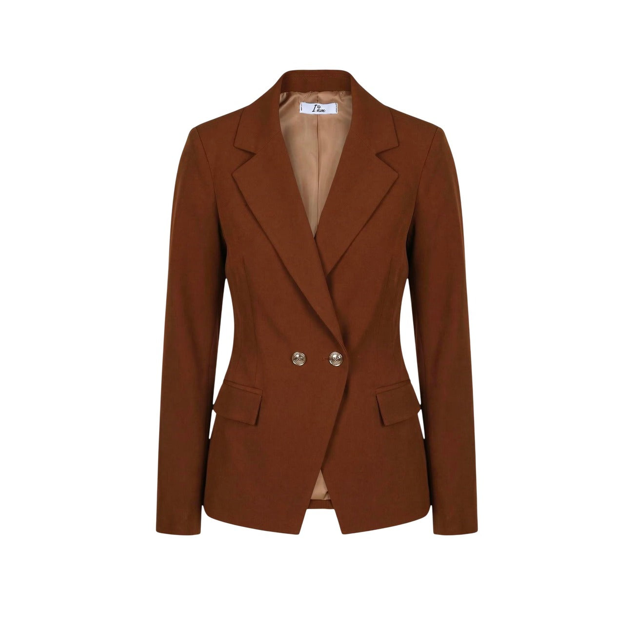 Blazer Doppiopetto I AM; 88% Poliestere, 12% Elastan. Colore Mattone, Slim Fit, bottoni oro, revers a lancia. Giacca donna elegante, stretch e traspirante, Made in Italy. Vista stesa frontale 