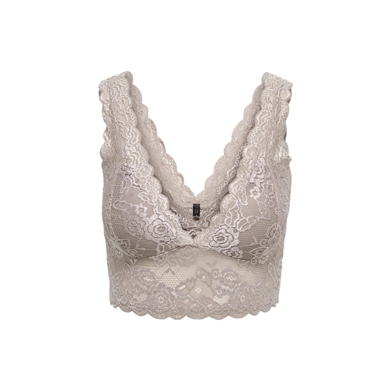 Reggiseno Bralette Pizzo Beige Donna Only Chloe; Tessuto 100% poliestere ricamato a tinta unita con scollo a V e spalline larghe. Sostegno leggero comfort per 4 stagioni.Frontale stesa 