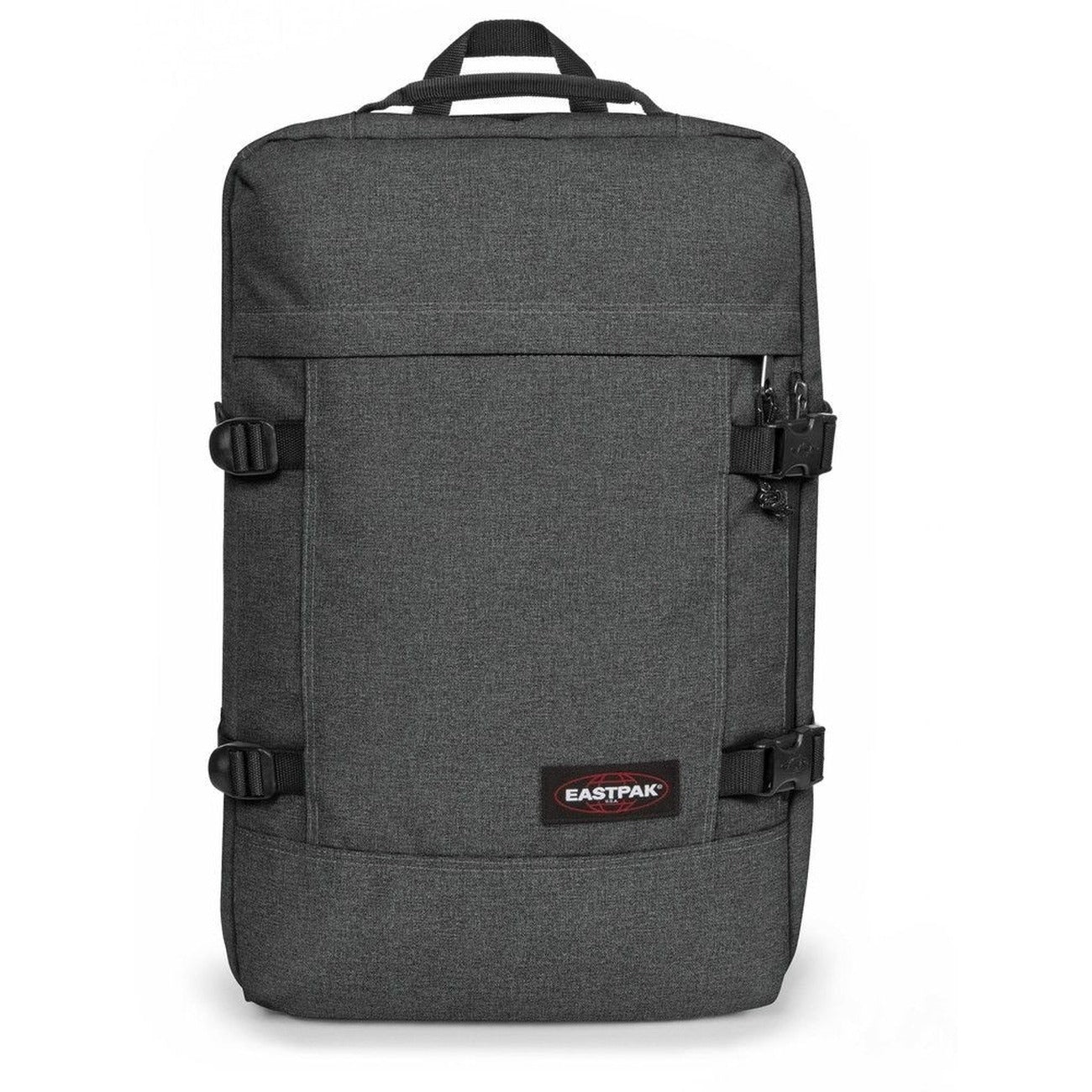 Zaino Borsone nero denim Eastpak Travelpack; 51x33x23 cm. 100% poliestere idrorepellente, doppio scomparto con zip e tasca laptop 17". Spallacci e manici a scomparsa, ideale come bagaglio a mano