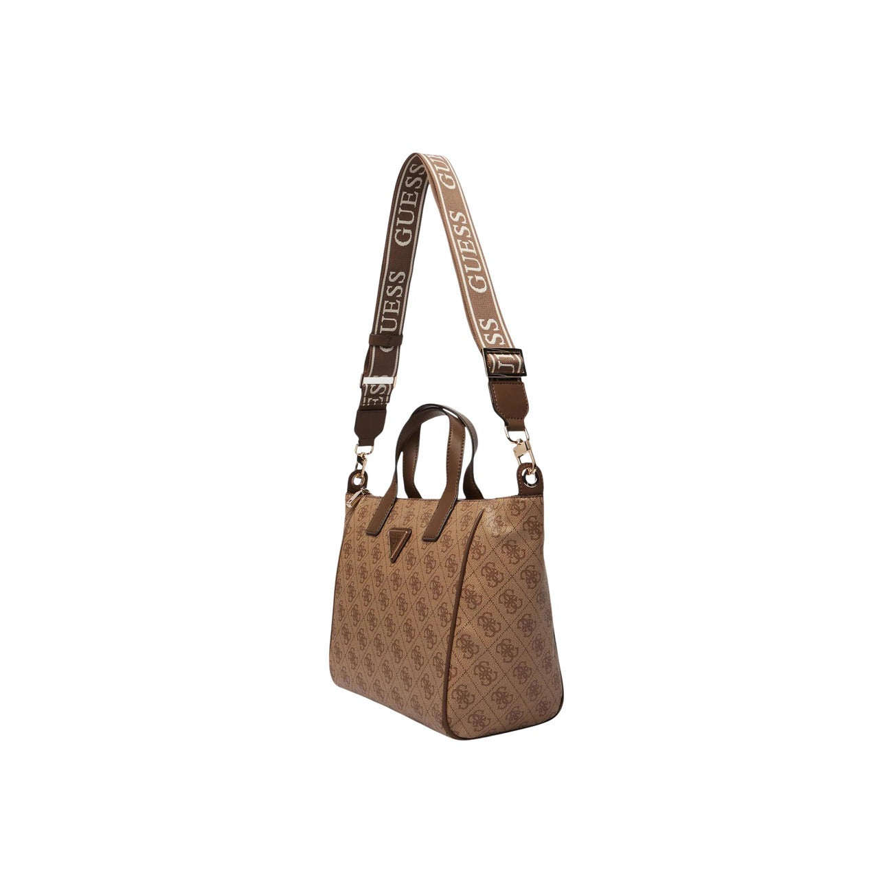 Borsa Tote Donna Beige Guess Follie; Struttura 100% poliuretano con motivo logo all-over e chiusura a zip. Doppi manici a mano e tracolla sportiva regolabile con scritta Guess, stile casual-elegante 4 stagioni. Laterale 