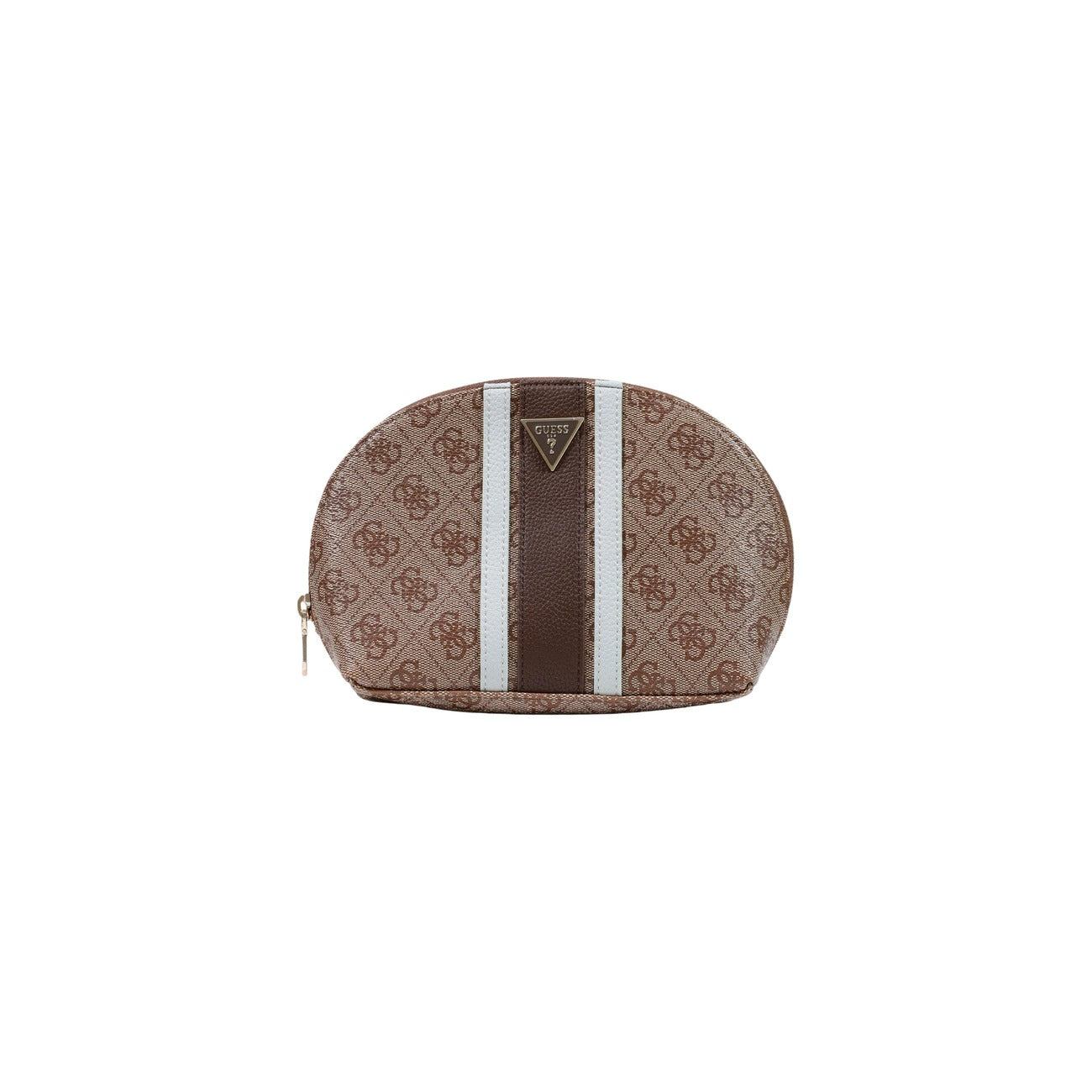 Pochette Beauty Cupola Marrone Donna Guess Noelle II Dome; Misure 23x15x8 cm. Tessuto 100% poliuretano con logo 4G a rilievo, banda liscia centrale e chiusura a cerniera lampo. Logo triangolare in metallo, stile casual-chic 4 stagioni. Frontale 