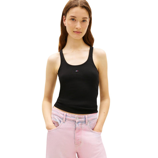 Canotta Tommy Hilfiger Jeans; Nero, Cotone Stretch a coste. Schiena incrociata, slim fit, logo ricamato. Traspirante e modellante, ideale per la stagione Primavera/Estate. Vista frontale 