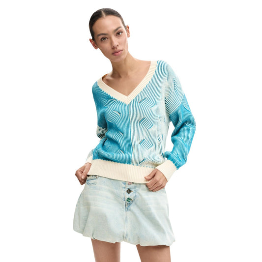 Maglione azzurro lavorato a maglia a manica lunga e scollo a V con stampa in rilievo bicolore.