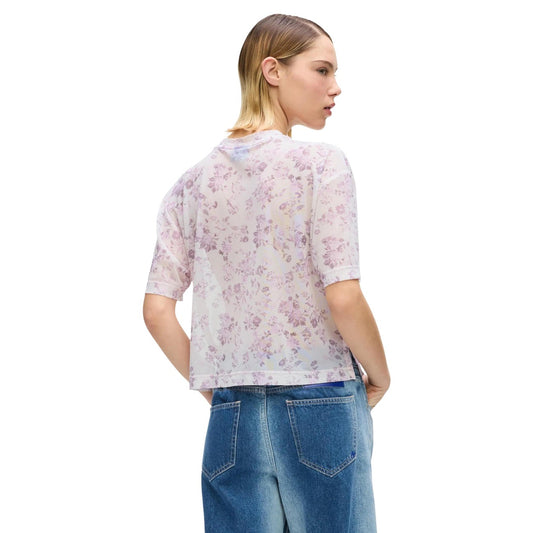 T-shirt Mesh Karl Lagerfeld Jeans; Rosa Floreale. Tessuto a rete trasparente, 95% Poliestere, 5% Elastan. Taglio squadrato con spacchetti laterali. Lavabile a 30°C, stile iconico e moderno. Vista posteriore 