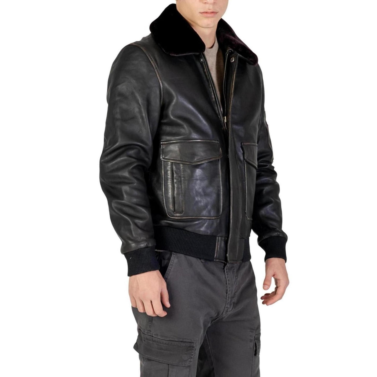 Yos Giacca Uomo Marrone Cerniera Manica Lunga Scollo Tondo Colletto Classico Tasche Pelle 100% Autunno Inverno LGI5GB010576U