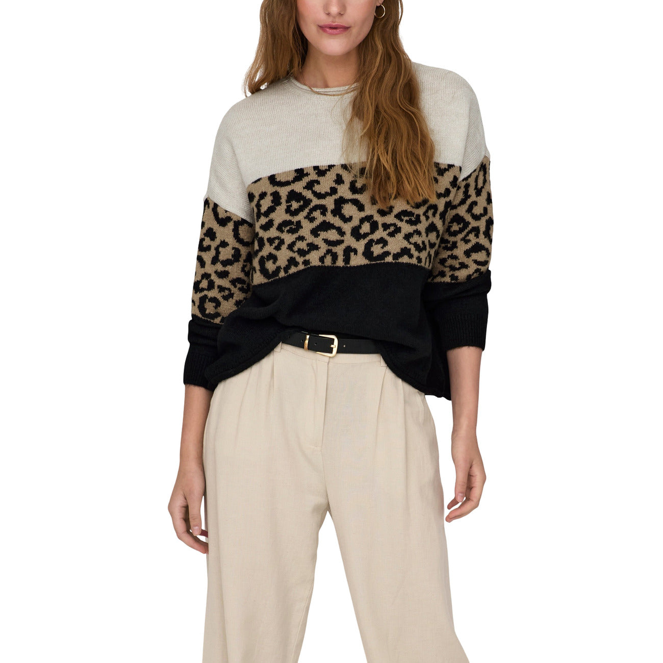 Only Maglione Donna Beige Leopardato Maniche Lunghe Scollo Tondo - Maglione Acrilico Poliestere