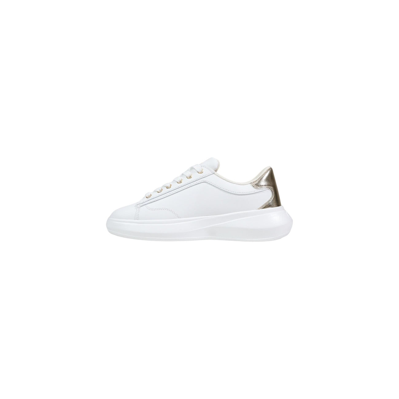Sneakers Liu Jo Bold; Bianco e gold, 100% Pelle. Suola platform 5,5 cm, inserti in suede e laminato, logo lettering. Calzata premium, stile Primavera/Estate. Vista laterale 