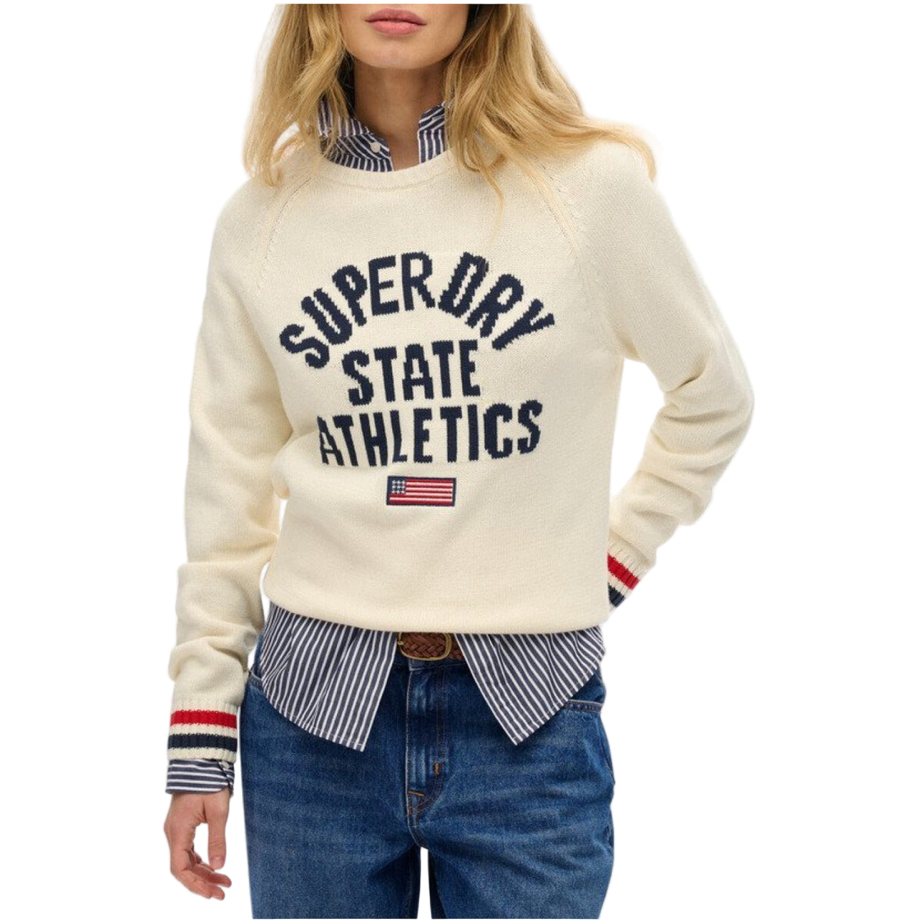 Superdry Maglia Donna Bianca con Stampa Maniche Lunghe Scollo Tondo - Maglia Cotone