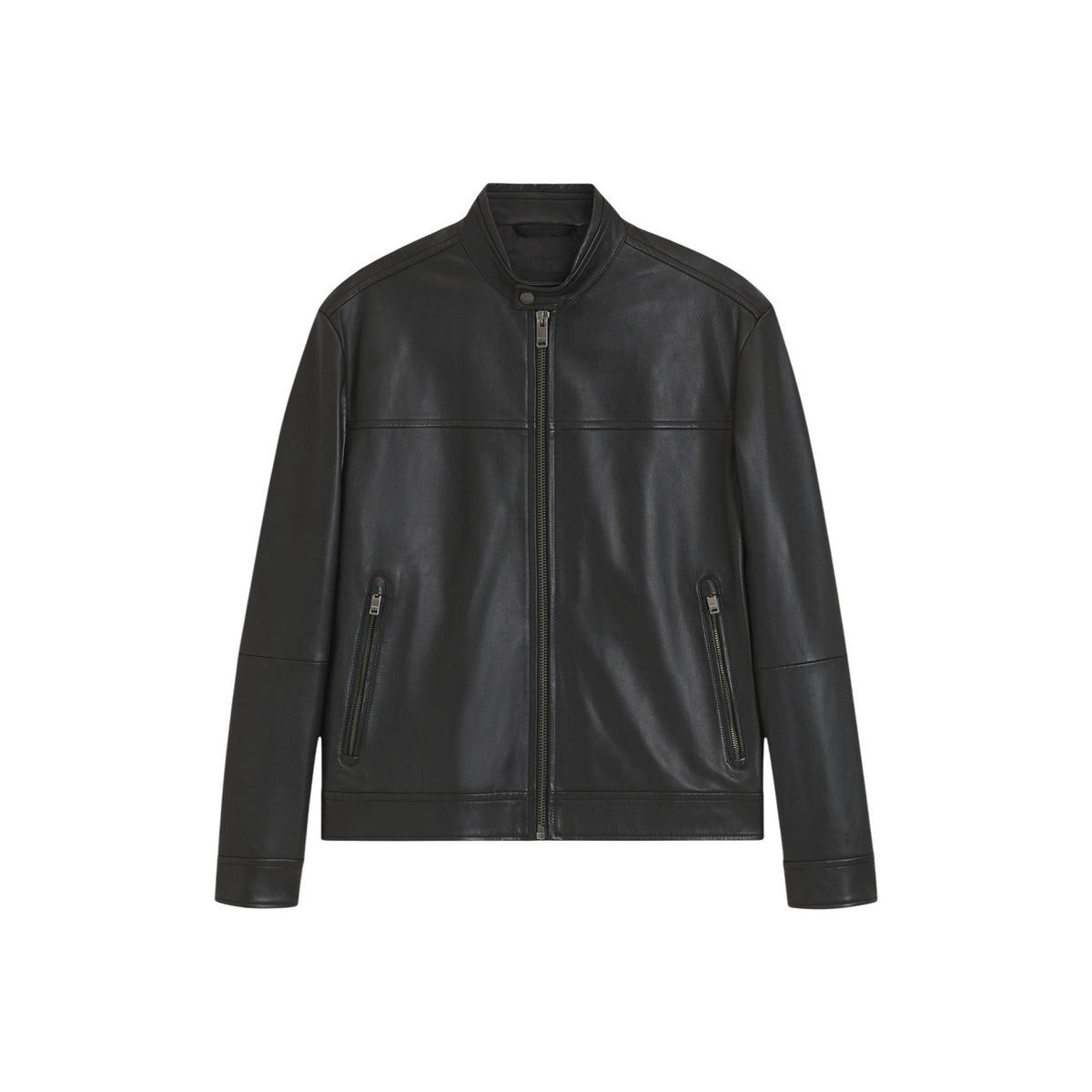 Giacca pelle nera uomo BOSS JOSLAY1. Giubbotto biker slim fit in 100% pelle sostenibile certificata LWG con colletto imbottito e dettagli metallici.