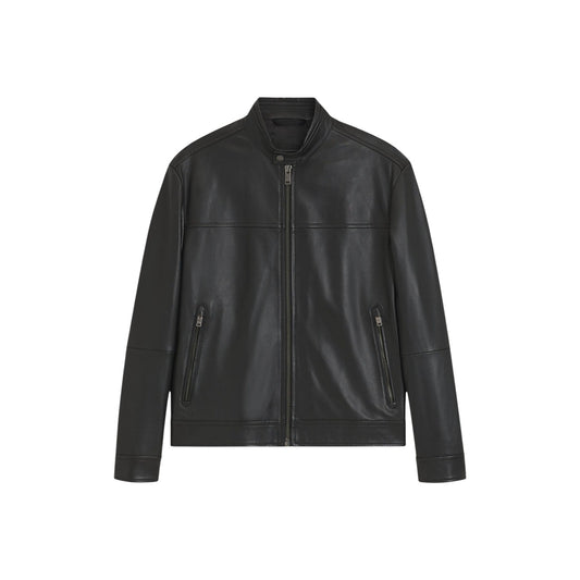 Giacca pelle nera uomo BOSS JOSLAY1. Giubbotto biker slim fit in 100% pelle sostenibile certificata LWG con colletto imbottito e dettagli metallici.