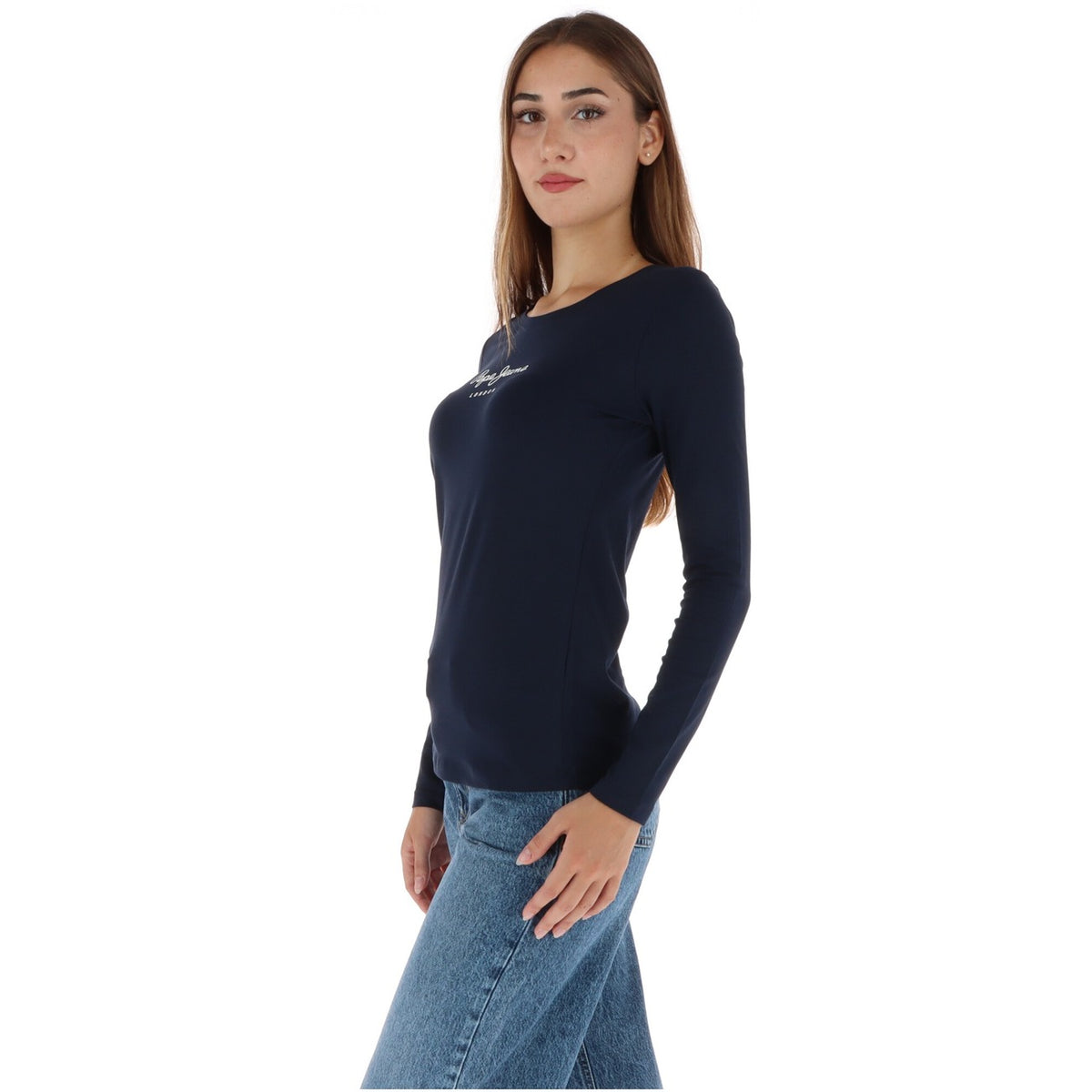 T-shirt blu maniche lunghe donna Pepe Jeans PL505203 Dulwich Blue. Maglia aderente in cotone biologico ed elastan con logo frontale e girocollo a costine.