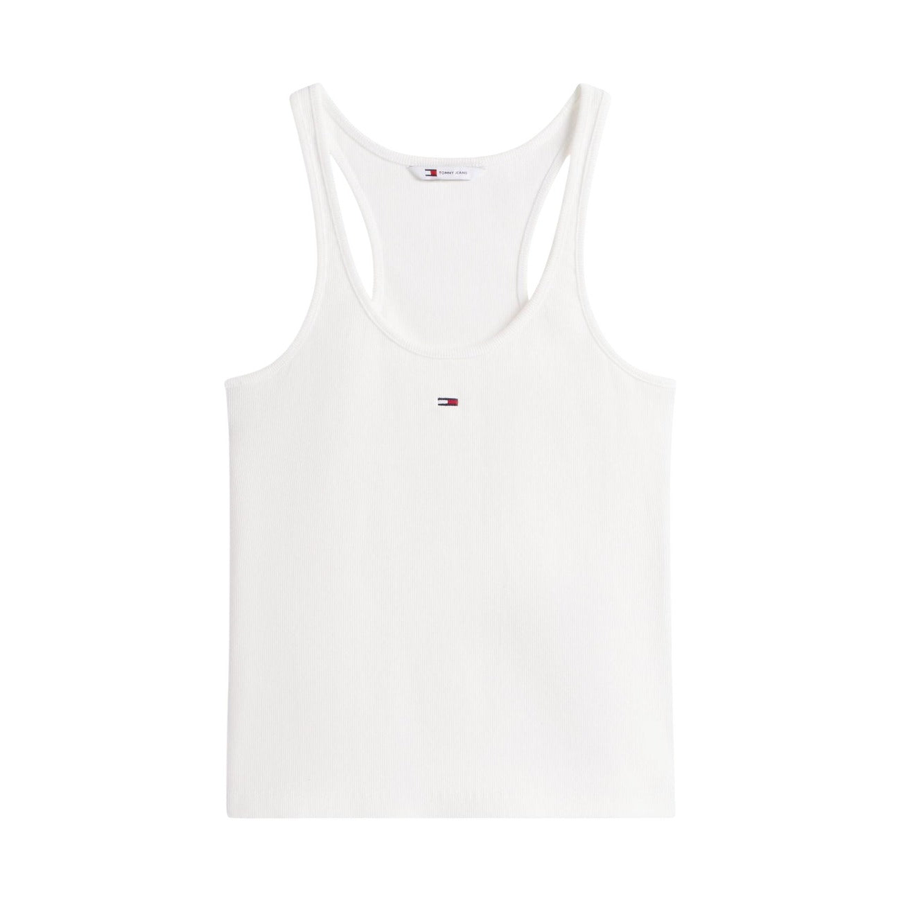 Canotta Tommy Hilfiger Jeans; Bianco, 96% Cotone Rigenerato. Tessuto a coste stretch, vestibilità aderente, logo ricamato. Capo leggero, sostenibile e traspirante. Stile Primavera/Estate. vista frontale stesa