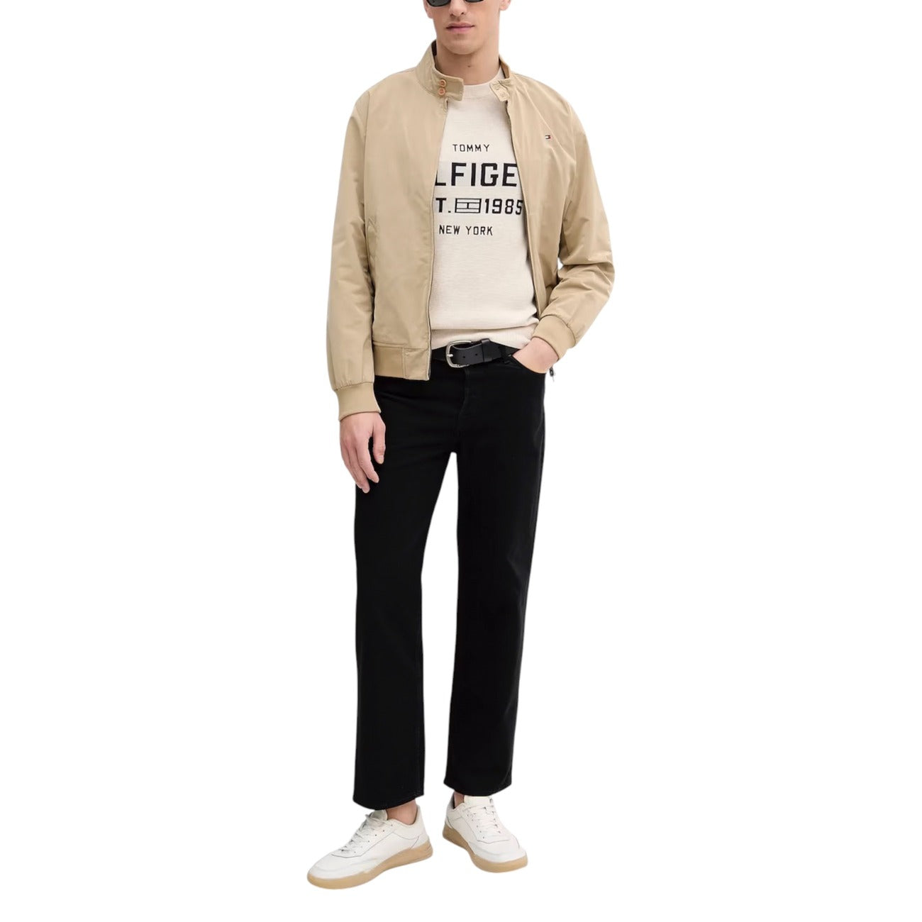 Tommy Hilfiger Maglia Uomo Beige con Stampa - Maglietta Manica Lunga Girocollo Cotone Organico