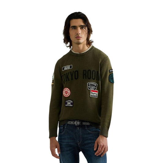 Maglia uomo Replay verde – Girocollo in cotone tinto in capo con patch UK00B2.000.72229G.
