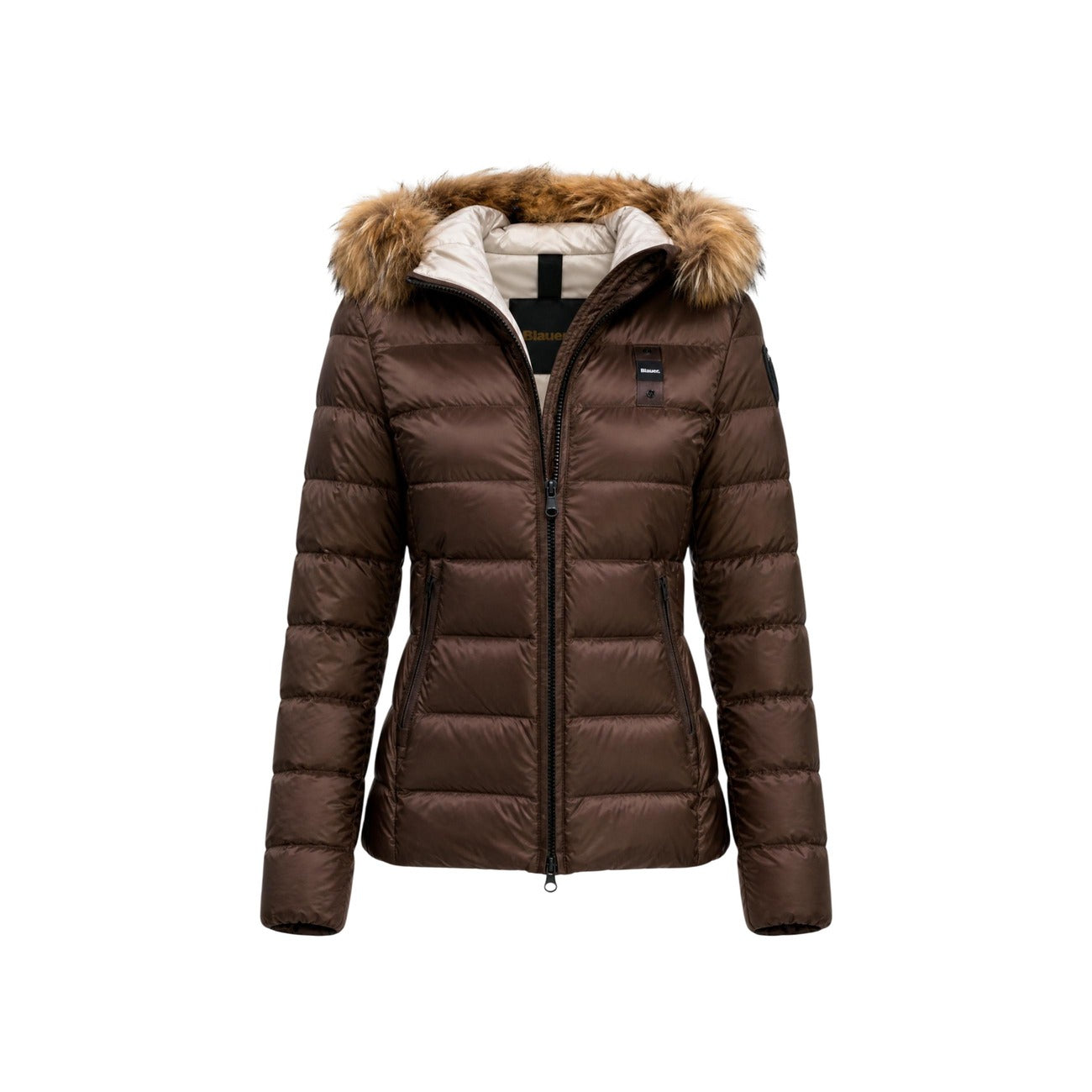 Piumino donna Blauer marrone Charme 26WBLDC03037. Giubbotto corto da donna marrone slim fit trapuntato orizzontale con cappuccio avvolgente, zip doppio cursore e logo Blauer su petto e manica, giacca invernale calda e casual chic.